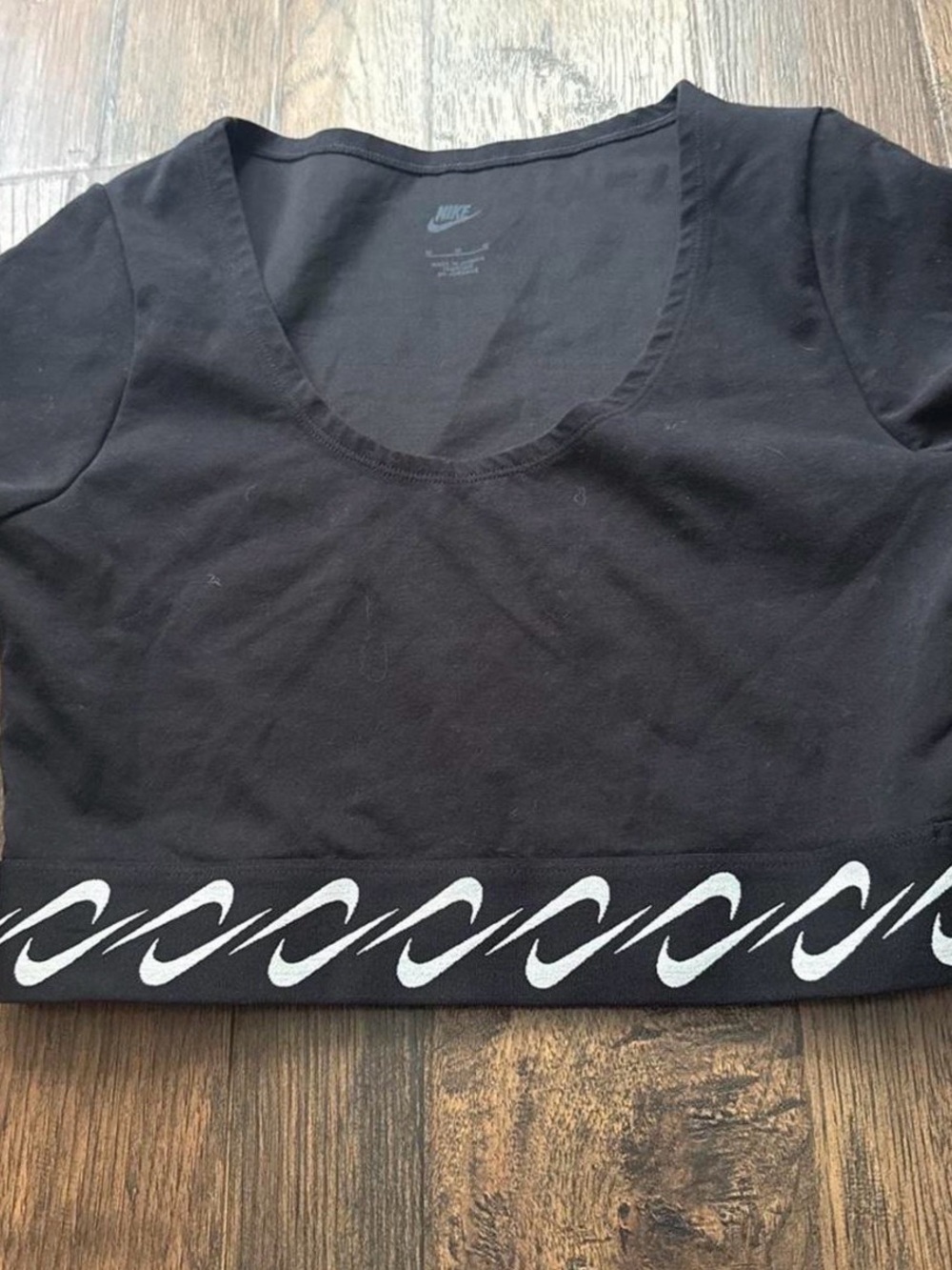 Nike Black Scoop Crop Top with White Swoosh Repeat